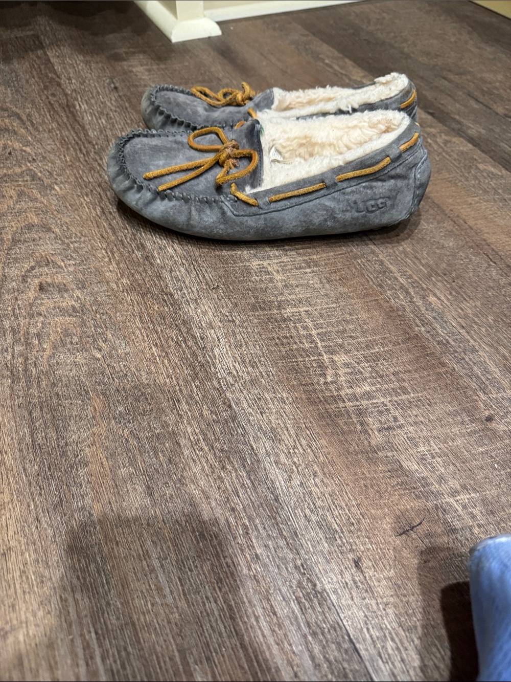UGG Gray Suede Moccasin Slippers with Cream Fur Lining and Tan Laces